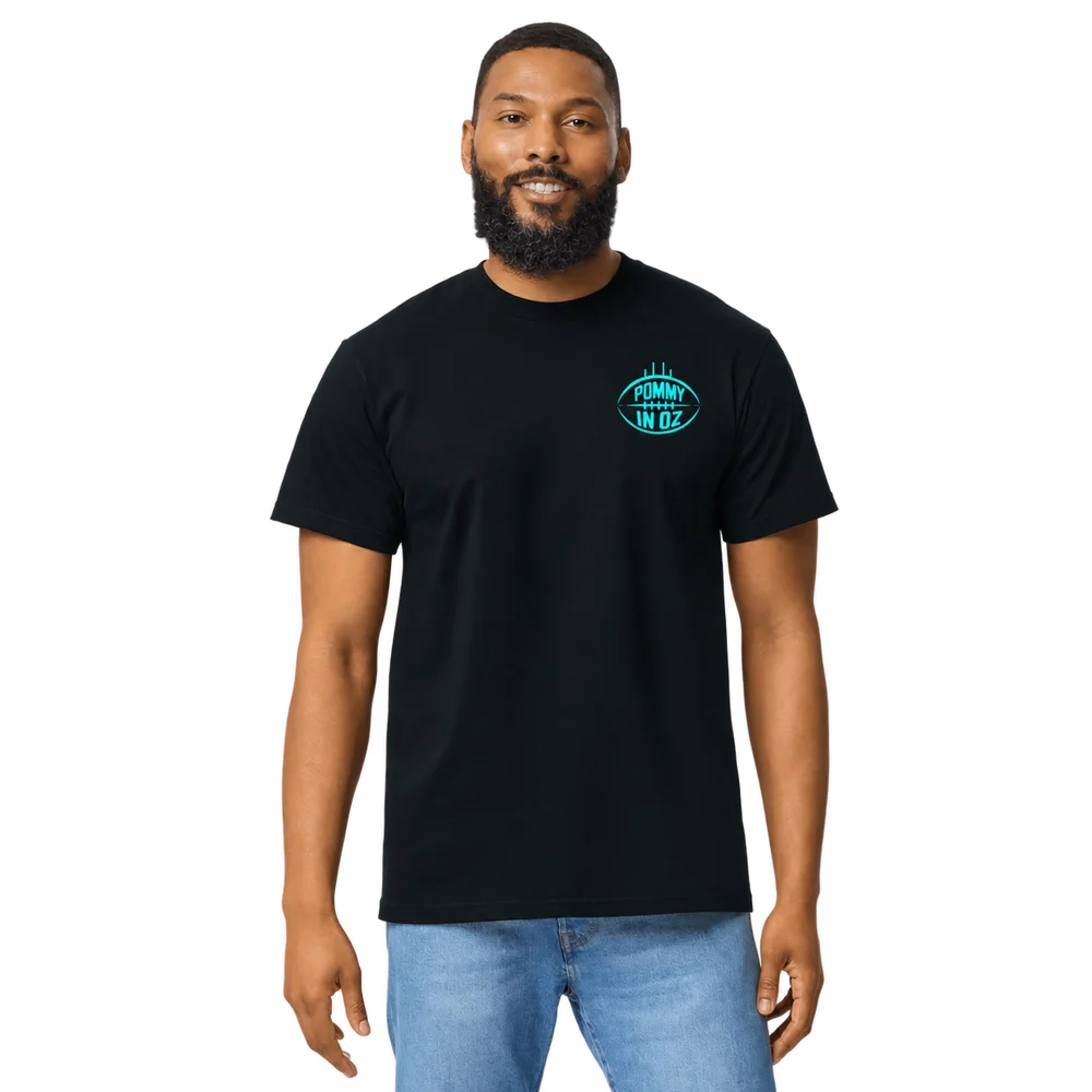 Black PommyInOz T-shirt with the teal logo on the wearer’s left chest